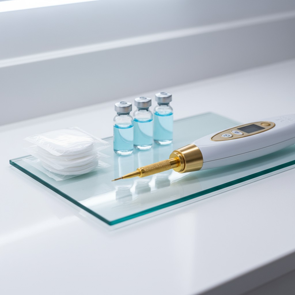 An image showcasing a dental implant preparation tool, alongside glass vials and packs of cotton, on a polished opaque gla...