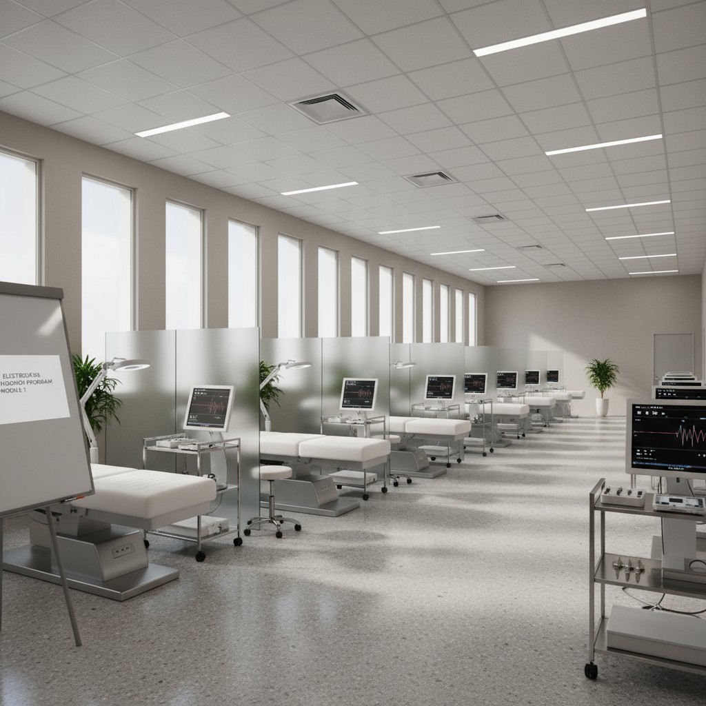 Spacious medical office with 6 beds, glass partitions, and several screens displaying ECG readings on computer monitors.